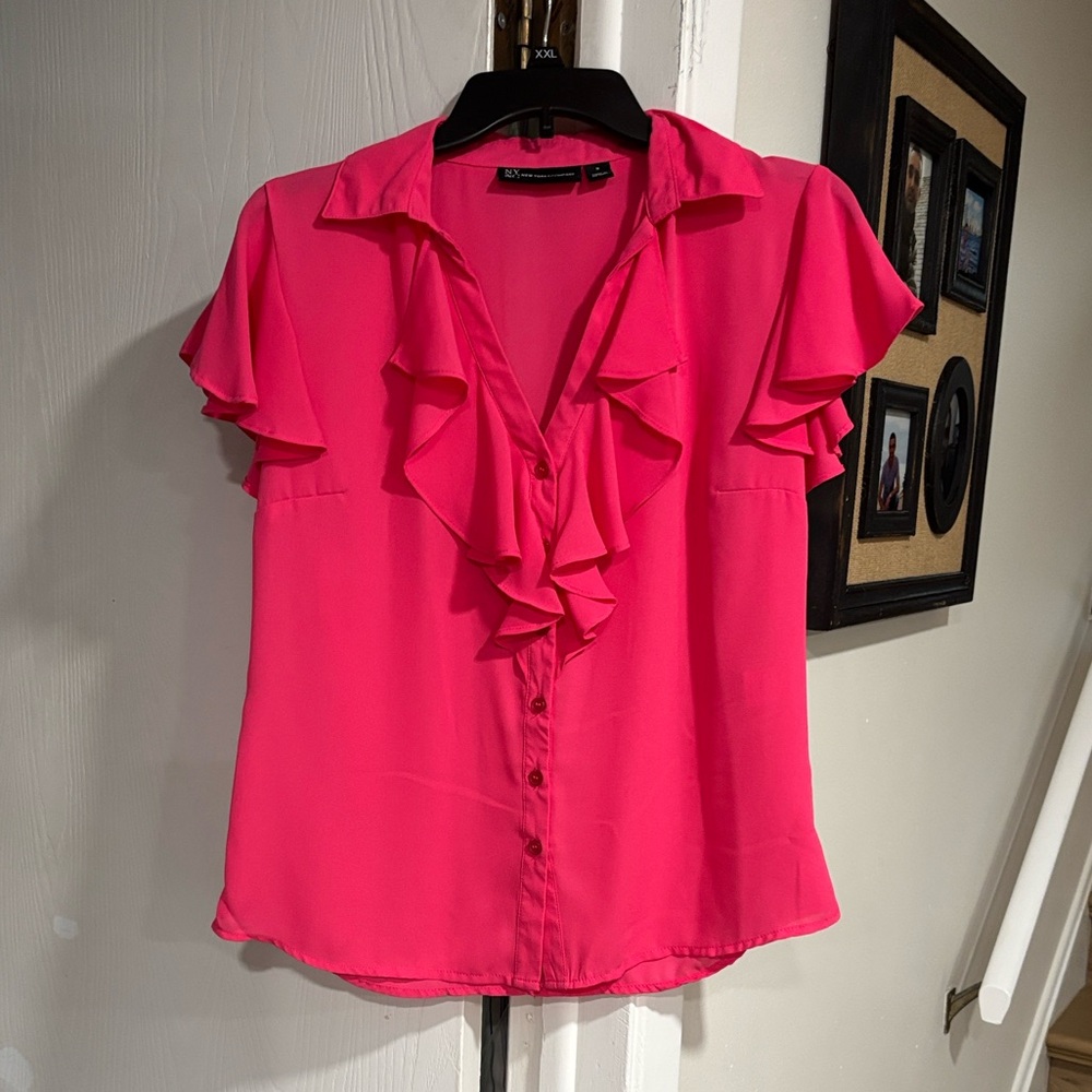 New York & Company Vibrant Pink Ruffle Blouse